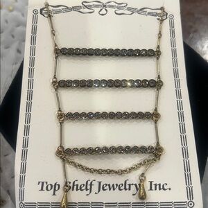 Long Black Diamond Ladder Antiqued Gold Necklace,NWT